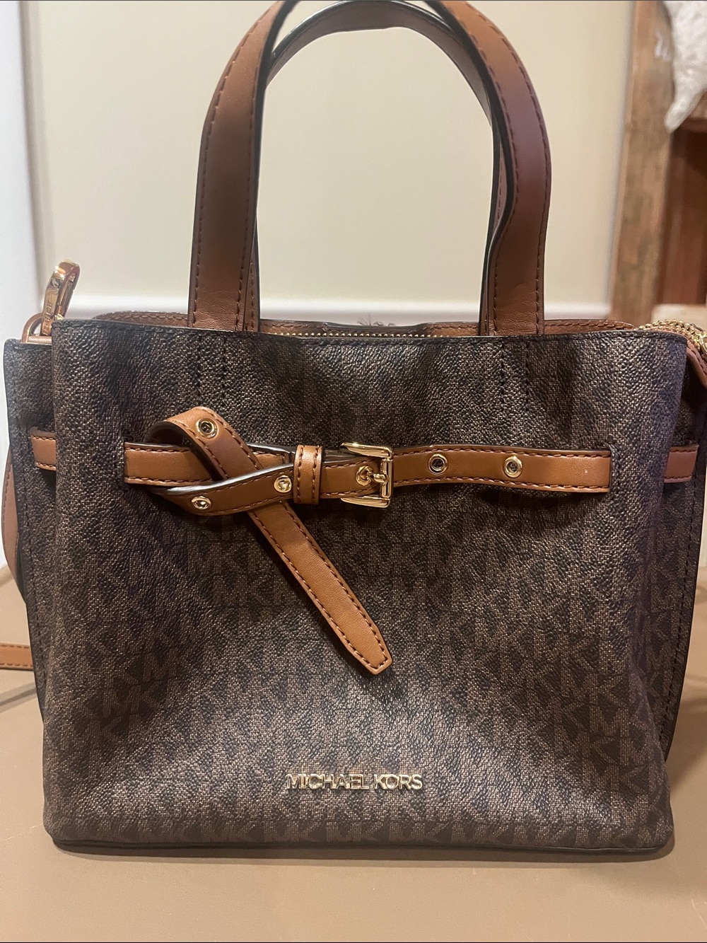 Michael Kors Brown Logo Satchel with Tan Trim and Belt Accent